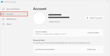 显示 OneDrive 设置中的“帐户”选项卡的屏幕截图。